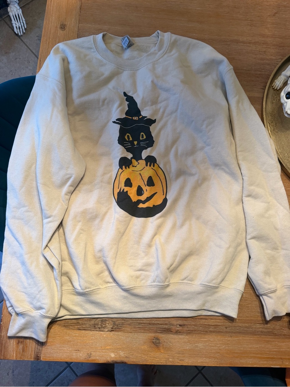 Gildan Cream Crewneck Sweatshirt with Black Cat & Orange Pumpkin Halloween